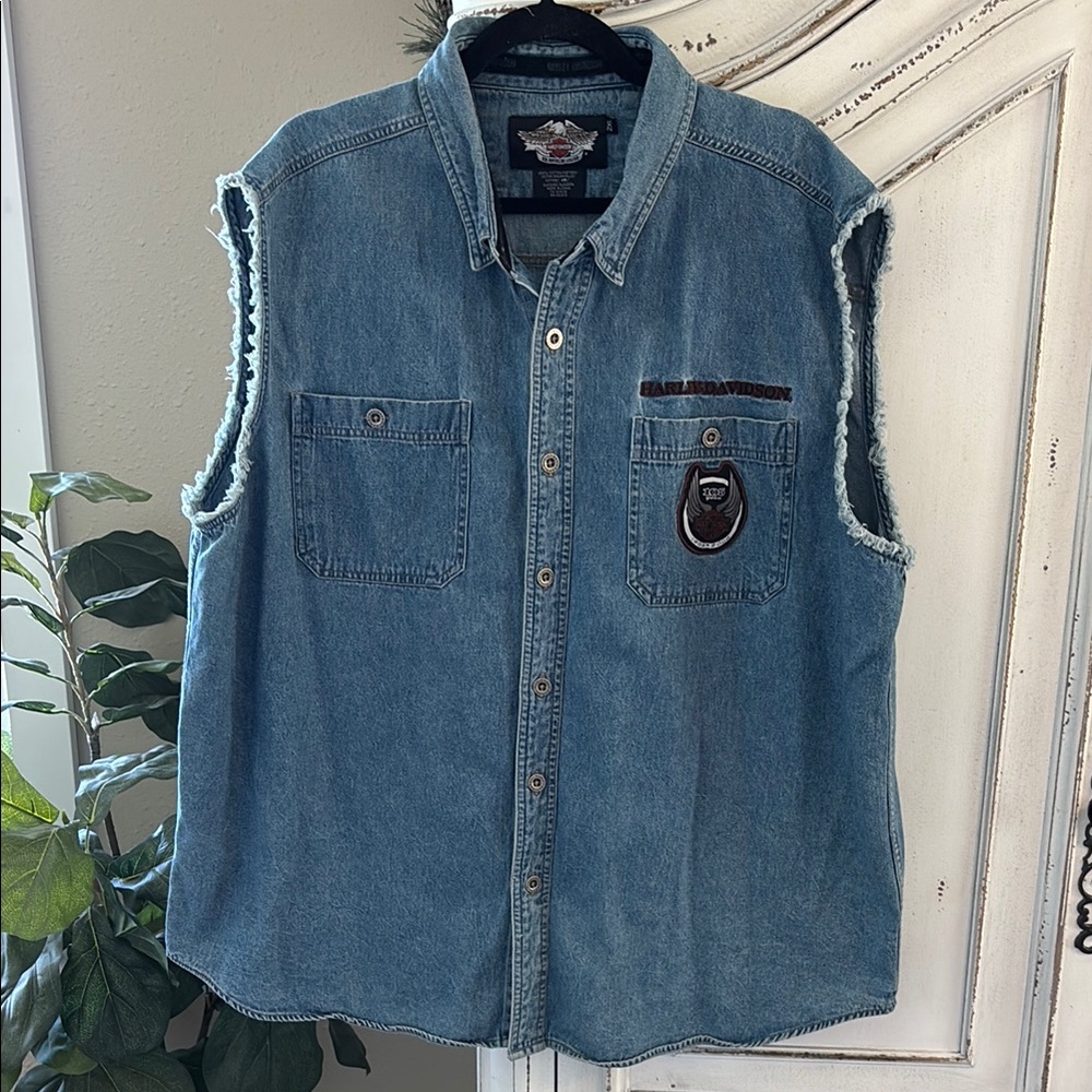 Harley Davidson Denim Cut Off Sleeveless Button Shirt Vest Mens Size 2XL